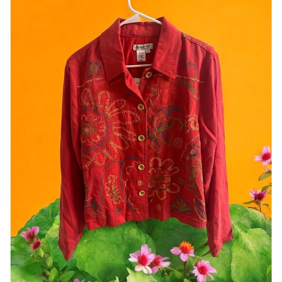NWT Coldwater Creek Floral Embroidered Jean Jacket Women's Size M 10-12 Coral